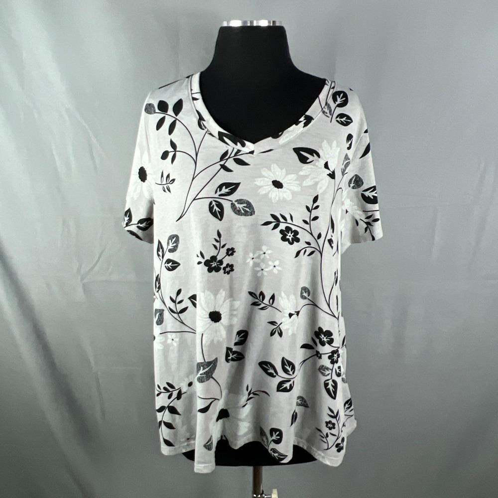 Lularoe T Shirt Women 2XL Gray Black Floral Stretch Short Sleeve V Neck Everyday